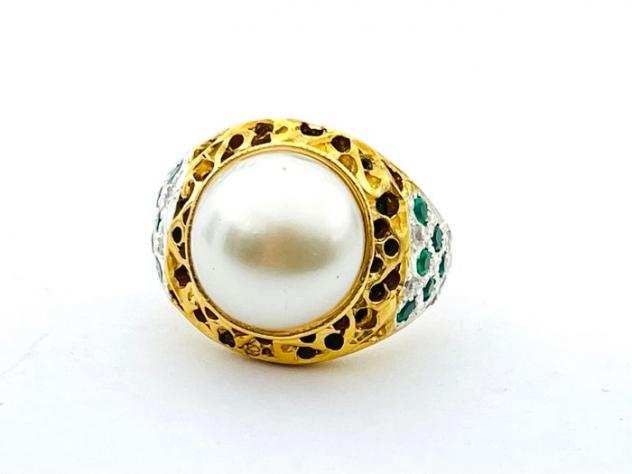 NO RESERVE PRICE quotART DECOquot Argento, Oro - Anello Perla - Smeraldi, Diamanti