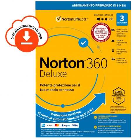 NORTON 360 con Antivirus 3 dispositivi 6 mesi ORIGINALE