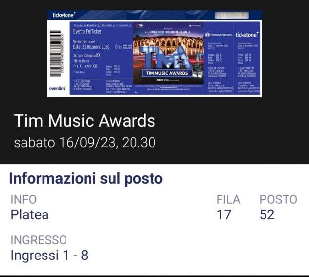Nr 2 biglietti TIM MUSIC AWARD - 160923 - Arena di Verona