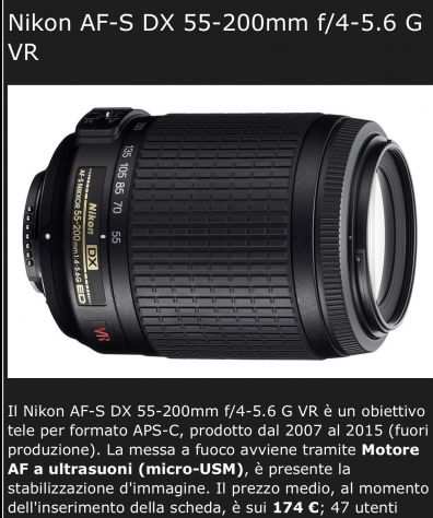 Obiettivo Nikon AF-S DX 55-200mm f4-5.6 G VR.