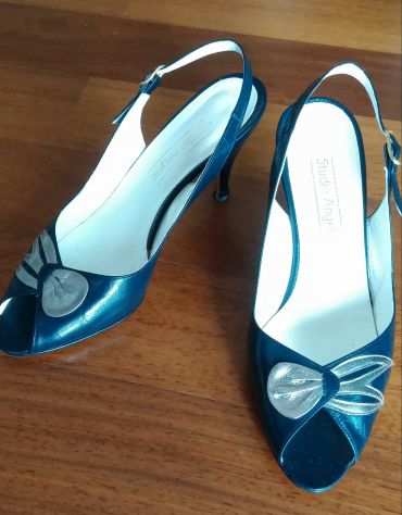 OPEN TOE IN PELLE BLU E ARGENTO VINTAGE