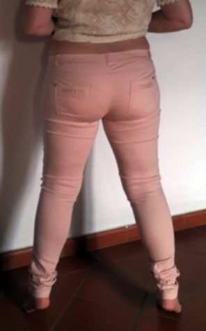 pantalone pantaloni Donna woman jeans bershka dinim elasticizzati rosa slim fit