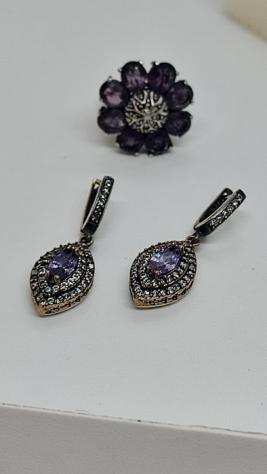 Parure anello e orecchini anni 70 con ametista - 925 Argento - Parure di gioielli da 2 pezzi Ametista
