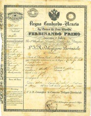 Passaporto in nome di Sua Maestagrave Ferdinando Primo - Imperatore dAustria, Re dUngheria, Boemia, Lombardia, Venezia, etc. - 1844