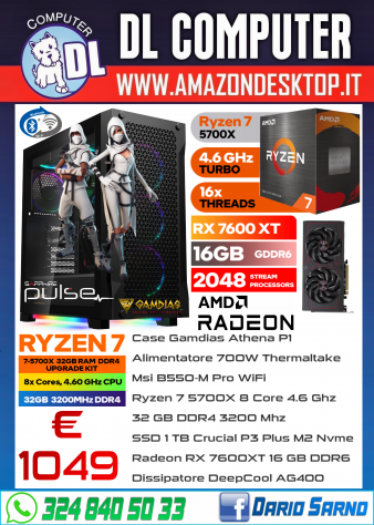 PC Gaming Ryzen 7 5700X 32 GB Ram SSD 1 TB M2 Radeon RX7600XT 16 GB Nuovi