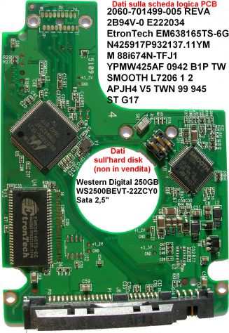 PCB Hard disk Western Digital WS2500BEVT-22ZCY0 SATA 2,5 250 GB Dati sulla sc