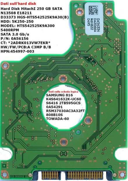 PCB Hitachi 250 GB Sata HTS542525K9A300 Scheda logica Hard disk Dati sulla scheda logica (in vendita) SAMSUNG 816 K4S641632K-UC60 S6416 2TB595GCS 0A54