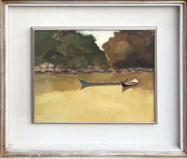 Pirzio pittore olio su tavola Paesaggio fluviale con imbarcazioni