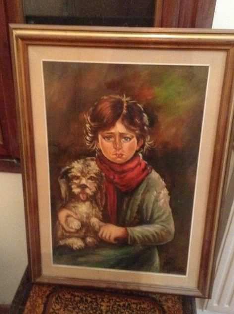 QUADRO BAMBINA PIANGENTE CON CANE