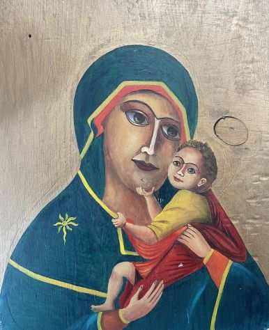 Quadro dipinto a mano ad olio su tavola madonna con il bambino in stile antico