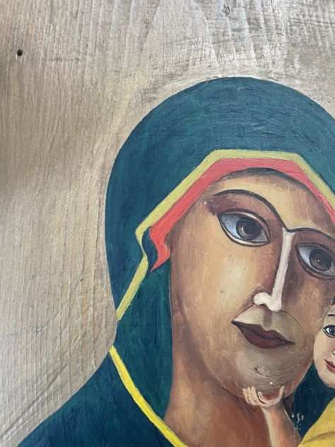 Quadro dipinto a mano ad olio su tavola madonna con il bambino in stile antico