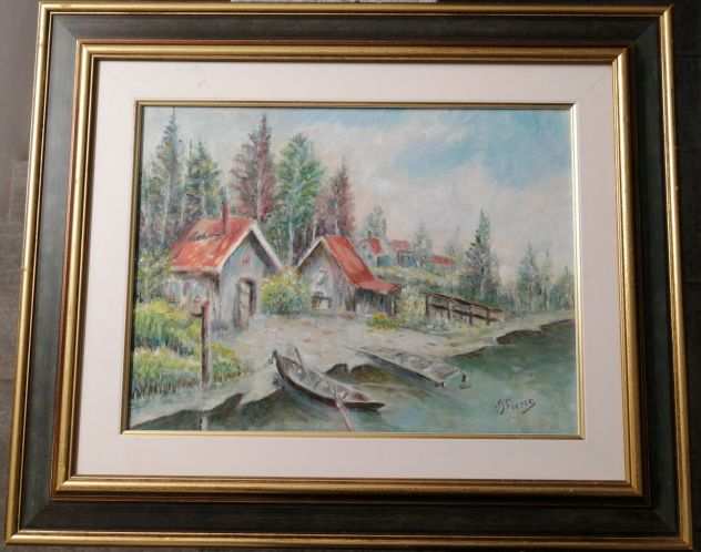 Quadro dipinto olio su tela, casette, barche, fiume, firmato, con cornice