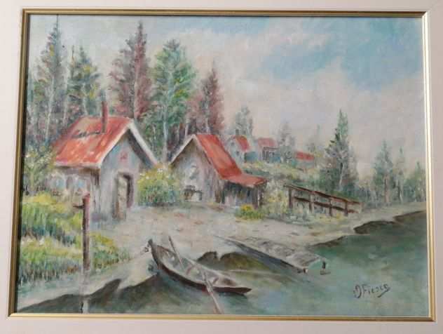 Quadro dipinto olio su tela, casette, barche, fiume, firmato, con cornice