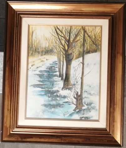 quadro dipinto olio su tela, torrente e bosco, firmato, con cornice legno e vetr