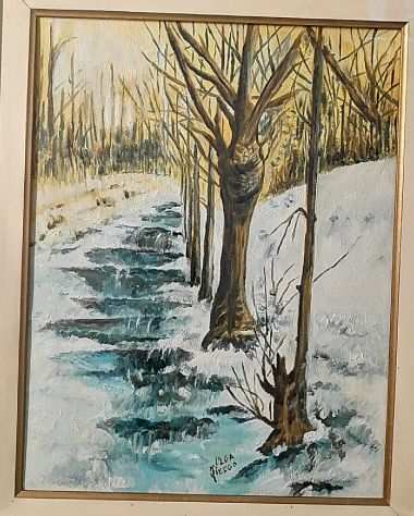 quadro dipinto olio su tela, torrente e bosco, firmato, con cornice legno e vetr