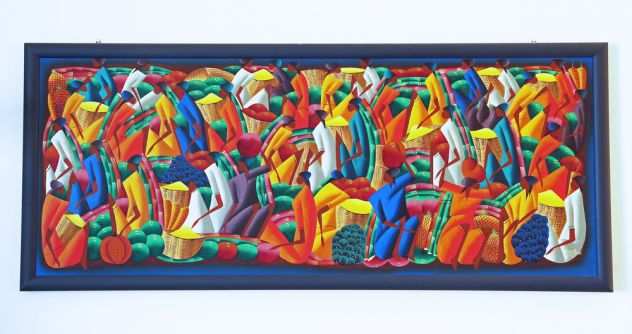 Quadro etnico naif MERCATO CARAIBICO 132 x 56 cm