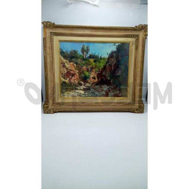 Quadro olio su tavola astratto paesaggio montano cornice legno chiaro