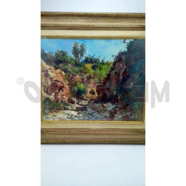 Quadro olio su tavola astratto paesaggio montano cornice legno chiaro