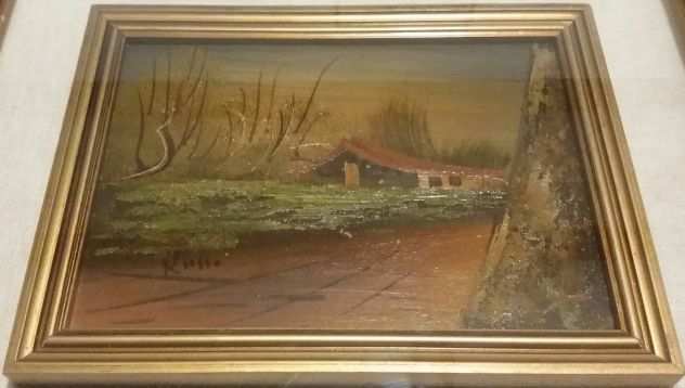 QUADRO OLIO SU TELA 15x20 MARIO RUSSO OIL PAINTING CASA SUL LETTO DEL FIUME