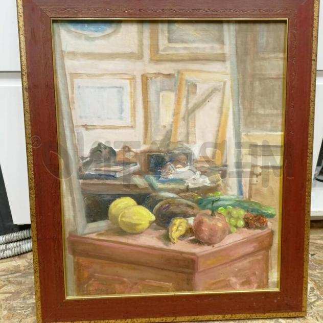 Quadro olio tela natura morta frutta limoni cornice legno e oro