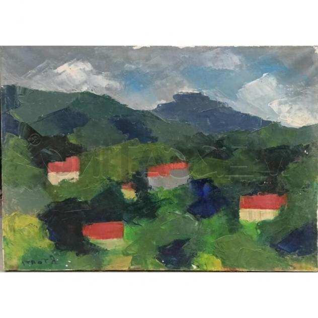 Quadro olio tela spatolato montagne tetti rossi