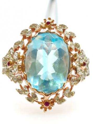 quotNO RESERVE PRICEquot - 9 kt Argento, Oro rosa - Anello Acquamarina - Rubini - Diamanti