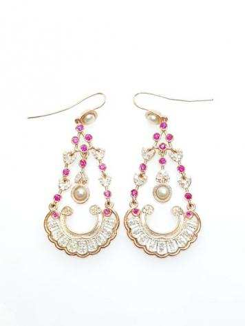 quotNO RESERVE PRICEquot - 9 kt Argento, Oro rosa - Orecchini Perla drsquoacqua dolce - Rubini - Diamanti