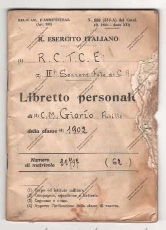 R. ESERCITO ITALIANO - LIBRETTO PERSONALE DEL CAP. MAGGIORE DI LONIGO VICENZA -