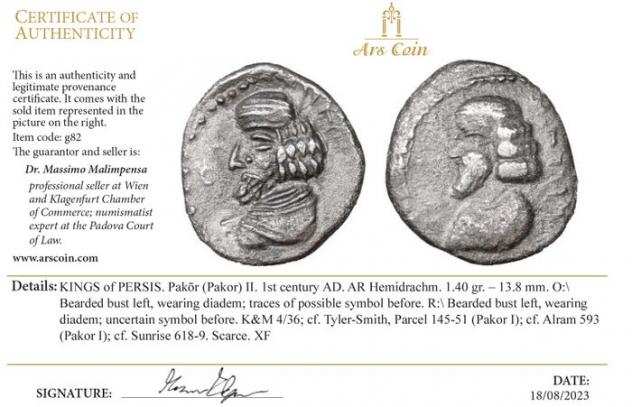 Re di Persis. Pakor II. Hemidrachm 1st century AD