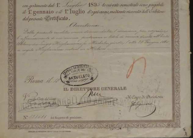 Regno dItalia 1895 Certificato debito pubblico