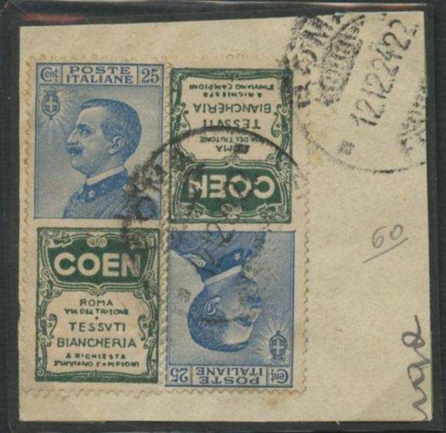 Regno dItalia 1924 - Frammento di lettera affrancato con due esemplari pubblicitari da 25 centesimi Coen in partenza da - Sassone n.5