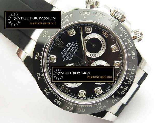 REPLICA ROLEX DAYTONA 116519 BEST EDITION 904L CASSA SS MARCATORI DIAMANTI NERI MARKER SU CINTURINO IN GOMMA NERO