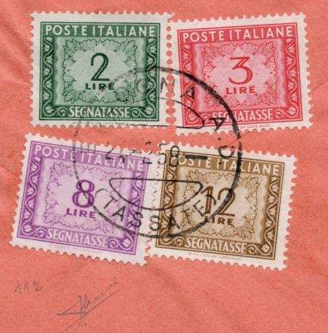 Repubblica Italiana 19471956 - Busta tassata con 8 lire filigrana stelle. Firma Sorani - Sassone n. 98, 99, 105 e 112