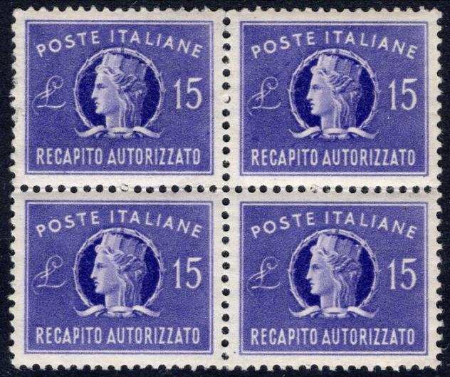 Repubblica Italiana 1949 - recapito autorizzato - 15 l. violetto in quartina, nuova con gomma integra - ottima centratura - Sassone ndeg 10