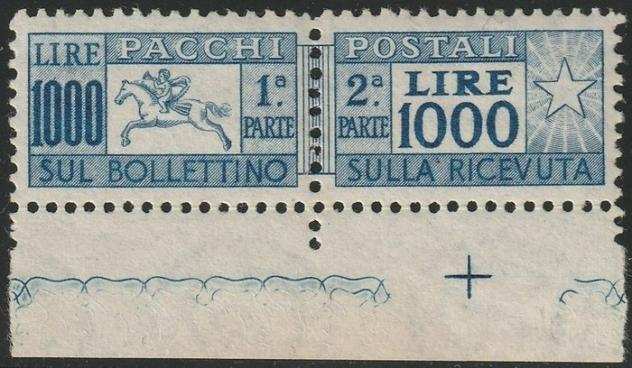 Repubblica Italiana - 1954 - Pacchi Postali Filigrana Ruota 1000 l. Cavallino Sass 81 Bdf centratissimo MNH Certificato