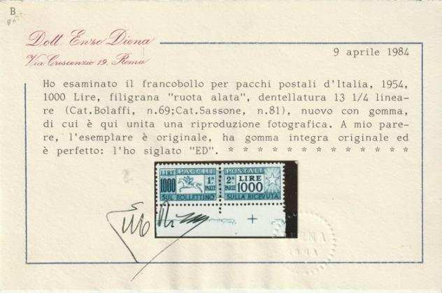 Repubblica Italiana - 1954 - Pacchi Postali Filigrana Ruota 1000 l. Cavallino Sass 81 Bdf centratissimo MNH Certificato