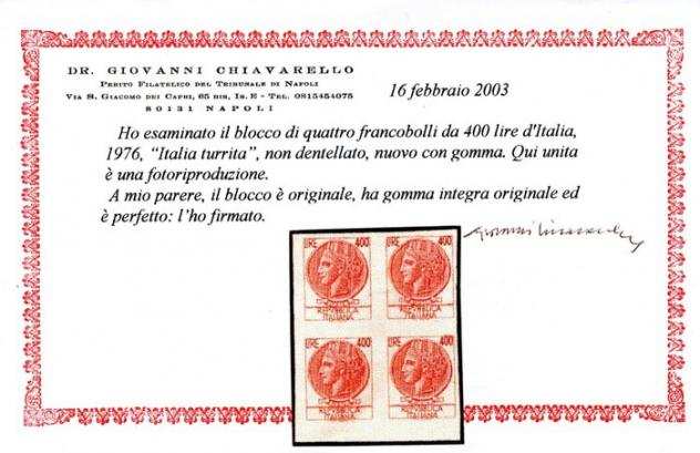 Repubblica Italiana 1976 - L.400 quotItalia turritaquot in quartina non dentellata - nuova con gomma integra originale, ben marginata - Sass. ndeg 1084B