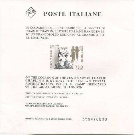 Repubblica Italiana 1989 - Minifoglio Chaplin numero 5594 nuovo con certificato - Unificato C2