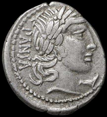 Repubblica romana. C. Vibius C. f. Pansa, c. 90 a.C.. Denarius Minerva
