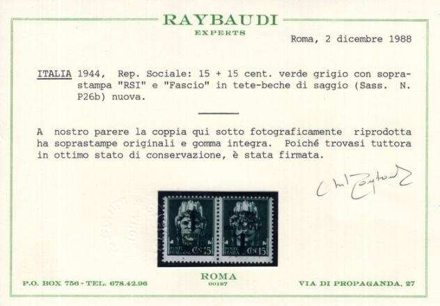 Repubblica Sociale Italiana 1944 - Saggi - C.15 verde grigio, in coppia nuova con gomma integra con la soprastampa tete-beche - Raro - Sass. ndeg P26b