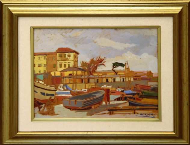 Roberto Balestri pittore olio su tavola Barche a secco