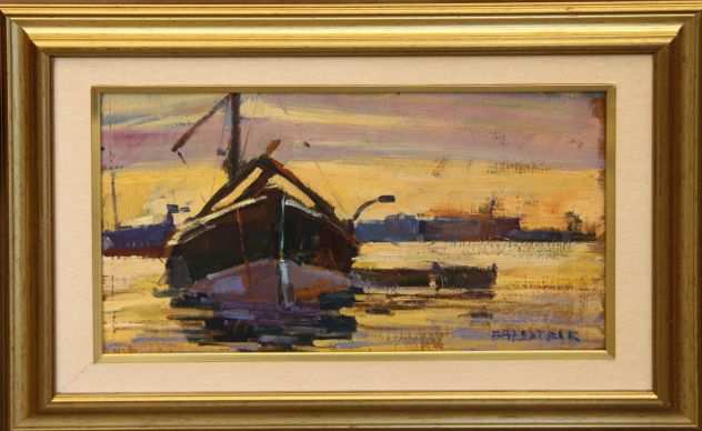 Roberto Balestri pittore olio su tavola Nave al tramonto