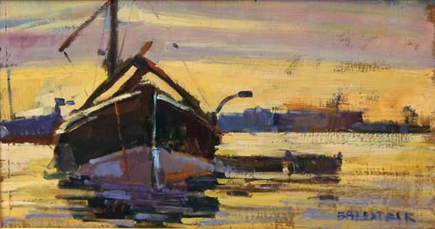 Roberto Balestri pittore olio su tavola Nave al tramonto