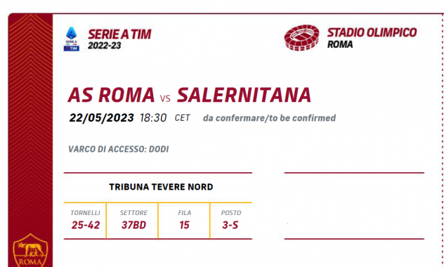 Roma-Salernitana settore tribuna Tevere Nord- 2 biglietti