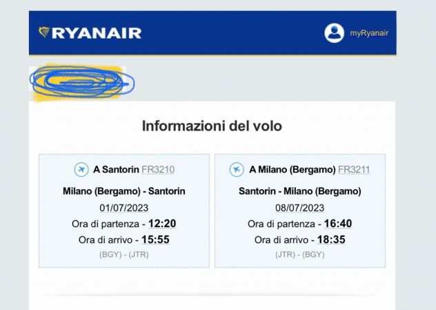 RYANAIR - Volo da ORIO BERGAMO a SANTORINI, 1-8 Luglio 2023