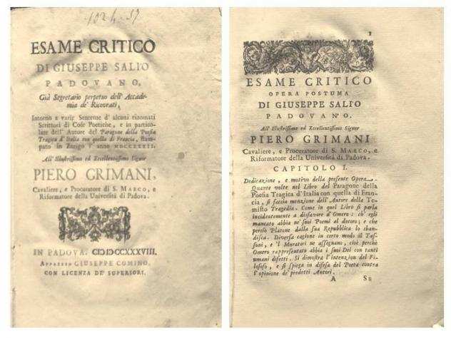 Salio Giuseppe  Comino - Esame critico intorno a varie sentenze dalcuni rinomati scrittori di cose poetiche - 1738