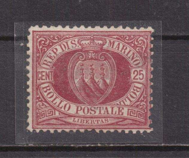 San Marino 1877 - Cifra o stemma 25c lacca - Sassone 5