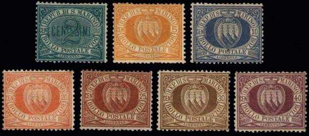 San Marino 1877 - Cifra o stemma, serie completa di 7 valori - Sassone 17