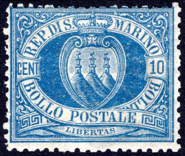 San Marino 1877 - quotCifra o stemmaquot c.10 azzurro, lesemplare nuovo con gomme originale, ottima qualitagrave - Raro - Sass. ndeg 3A