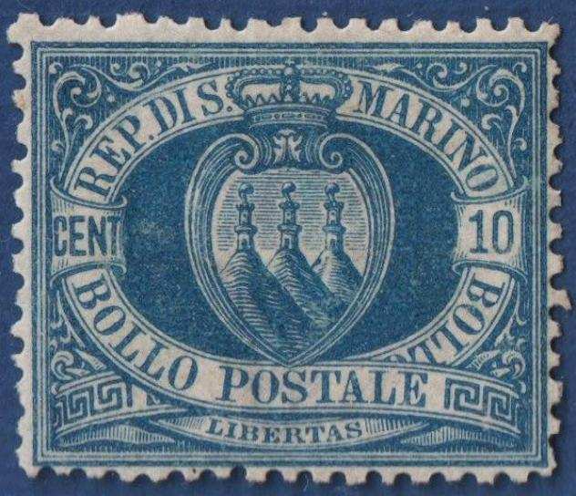 San Marino 1890 - 10 c. azzurro MNH ottima centratura - Sassone 3A